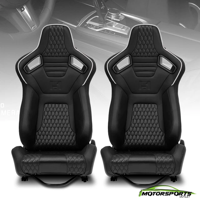 PAIR OF WHITE+BLACK PVC Carbon Fiber Leather Reclinable Racing Seats W