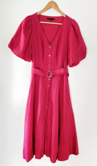 PORTMANS Size 10 As New Hot Pink Linen Blend Shirt Midi Dress