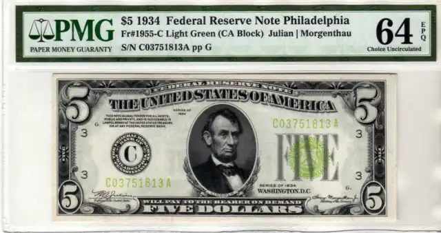 Fr.1955-C 1934 $5 Philadelphia Federal Reserve Note  Light Green Seal PMG 64 EPQ