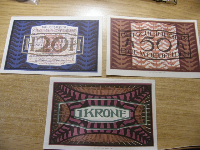 3 x 1920 Austria 20 Heller 1 Krone  Notgeld Banknotes same set, UNC crisp