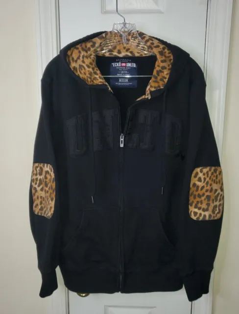 Vtg Y2K Ecko Unlimited Black Full Zip Hoodie Medium Leopard Patch Elbows Unltd