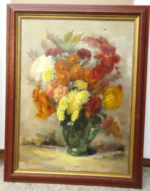 Early Framed Signed Oil Painting Flowers In Vase Still Life Art- Limoni