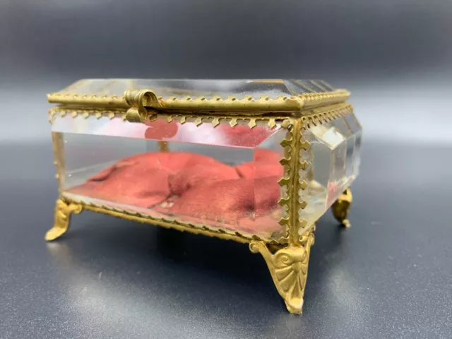 Art Deco French Jewellery Casket Box Ormolu Bevelled Faceted Glass & Gilt Brass