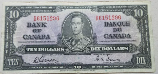 1937 Bank of Canada Ten Dollar Bill. BETTER GRADE VF $10 Bank Note (PS5-D)