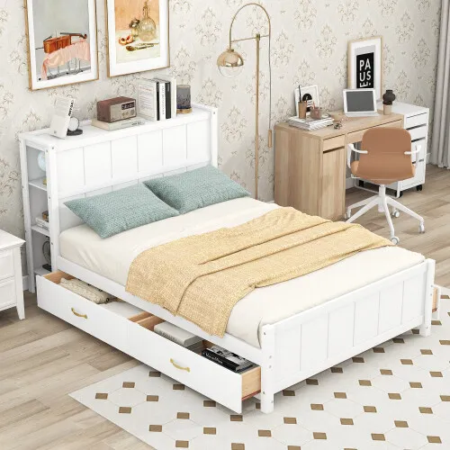 Modern Solid Wood Platform Bed Frames with Storage Drawers and Headboard Shelves