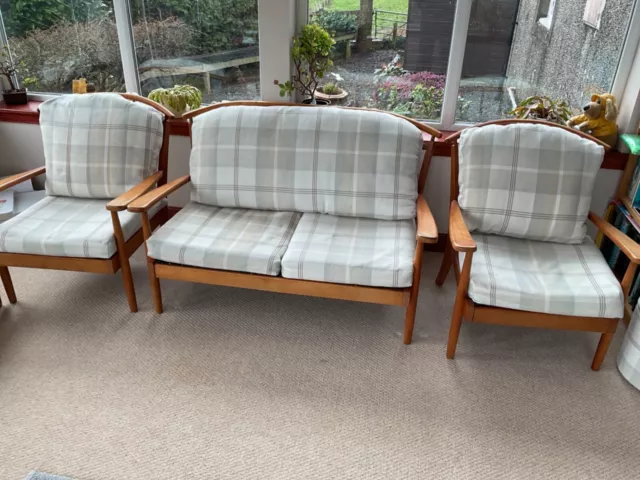 Vintage 1960's Cottage Style 3 piece suite wooden Frame.2 seater sofa 2 chairs.