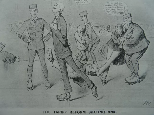 c1909 THE TARIFF REFORM - ROLLER SKATING RINK Original Punch Cartoon