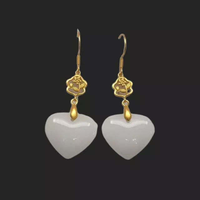 White Jade Heart Earrings 925 Silver Chalcedony Jewelry Natural Women Charm