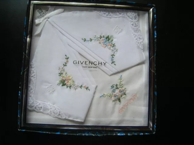 NIB Vintage Givenchy White W/Pastel Flowers Hankie Hanky Paris NY-3 Hankies