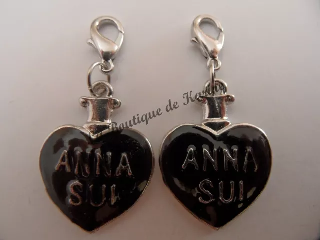 2 Charms Ciondolo Fermaglio Metallo Argento Forma Cuore Nero - Cinturino Perline