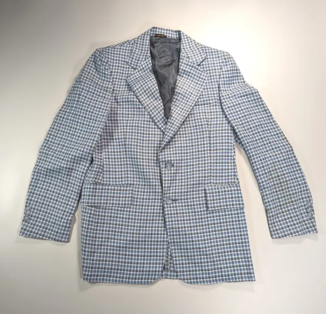 Vintage Men's Blazer Sport Coat 40 Polyester Blue Plaid 70s NWT Leisure Suit