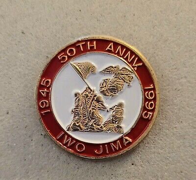 USMC Marine Corps 50th Anniversary Gold Red Round IWO JIMA Round Lapel Pin