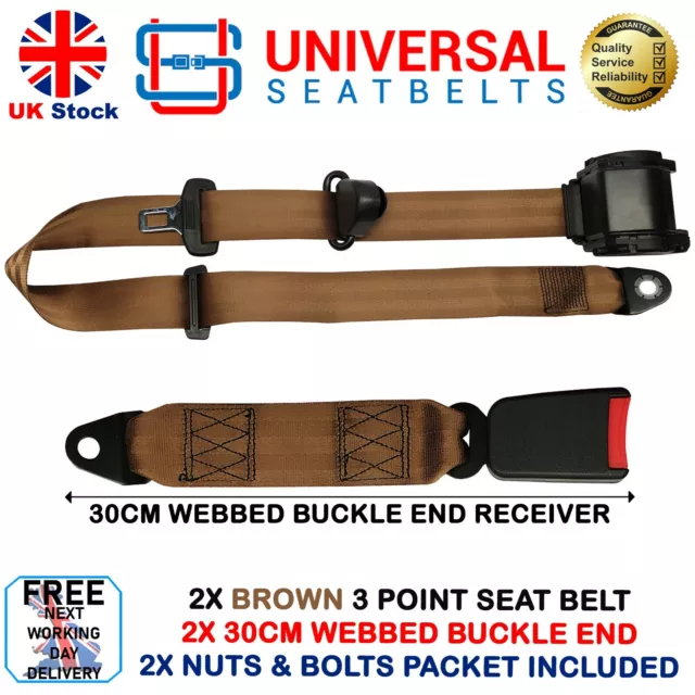 2x Universal Brown 3.5 Meter Length 3 Point Seatbelt & 30cm Webbed Receiver