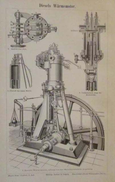 DIESEL WÄRMEMOTOR - Alter Druck 1898 Antique Print Wärme Motoren Technik