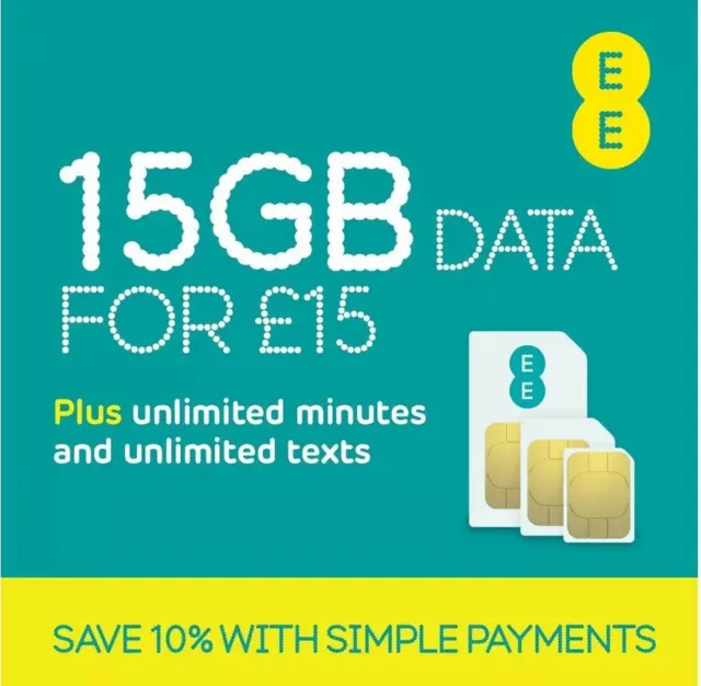NUOVA SIM CARD UFFICIALE 15 GB EE UK Pay As You Go confezione da £15 dati illimitati TESTO PAGAMENTO