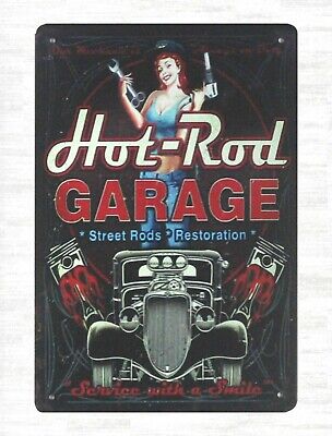 Hot Rod Garage pin-up Auto Shop tin metal sign  wall decor