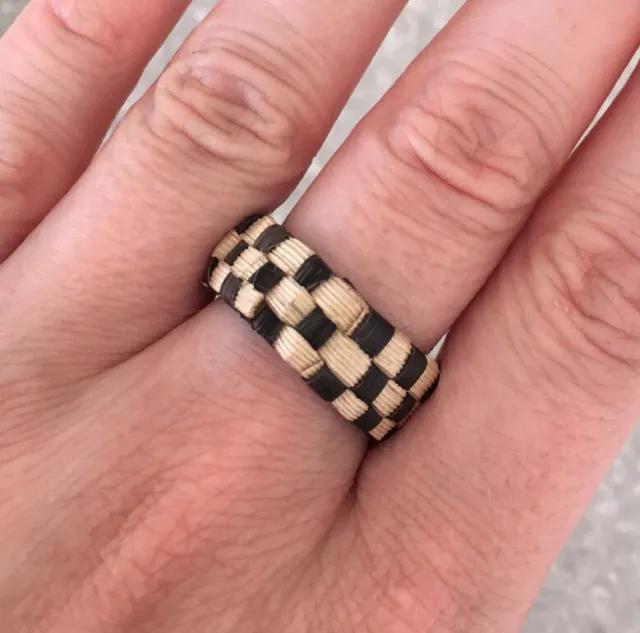 Artisan Woven Natural Fibre Ring, Chequered Design, See Measurements In Photo