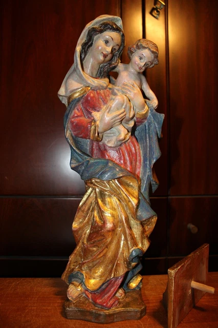 17" Antique Hand Carved Wood Our Lady Virgin Mary Madonna Jesus Christ Statue