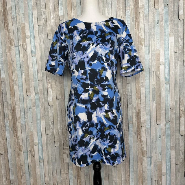 H Halston S Bright Blue Abstract Floral Print Sheath Dress Work Career $120