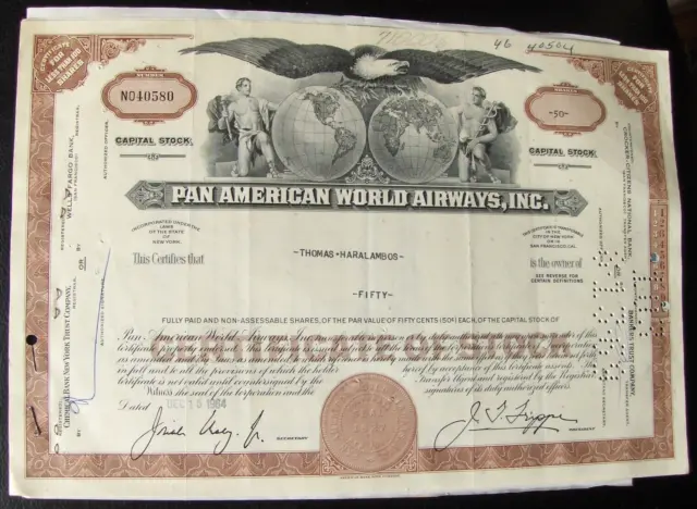 Pan American World Airways stock certificate with attached documents, 1964
