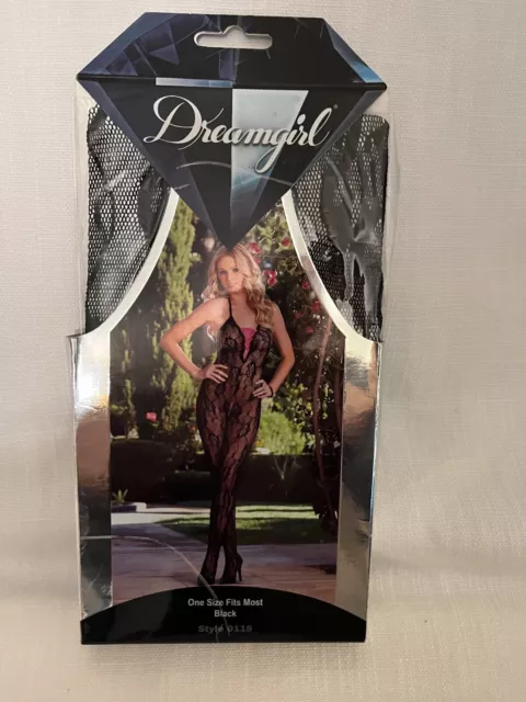 Dreamgirl Lingerie OS Fits Most Black Lace bodystocking neon pink ribbon lace up