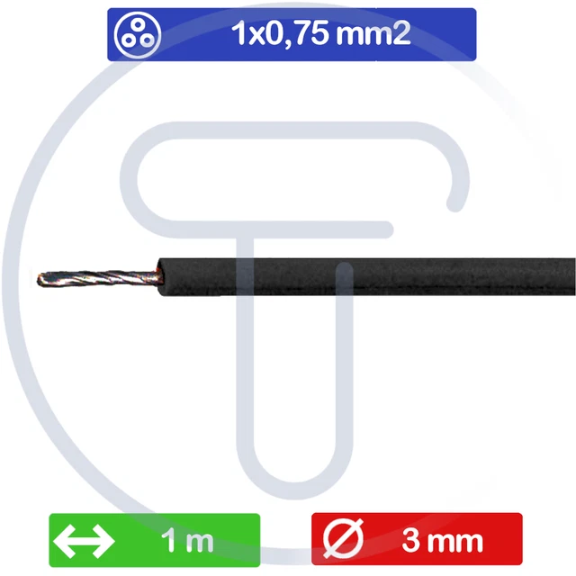 Câble unipolaire 1x0.75 mm2, 1 mètre, cuivre étamé gaine PVC noire diamètre 3 mm