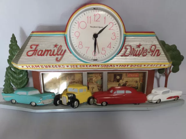 VTG Plastic Kitschy Family Drive In Diner Wall Clock Burwood Products 80's Era