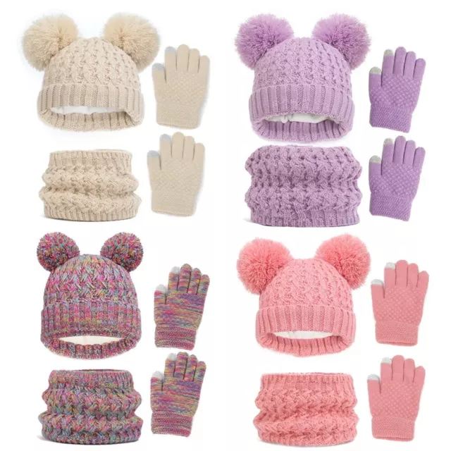 Child Winter Hat Gloves Scarf Set Knit Fleece Kids Beanie Neck Warmer Baby Hat