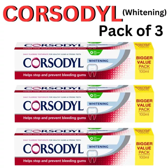 3 X 100ml Corsodyl Bleeding Gum Daily Whitening Toothpaste.  BIGGER Value Pack