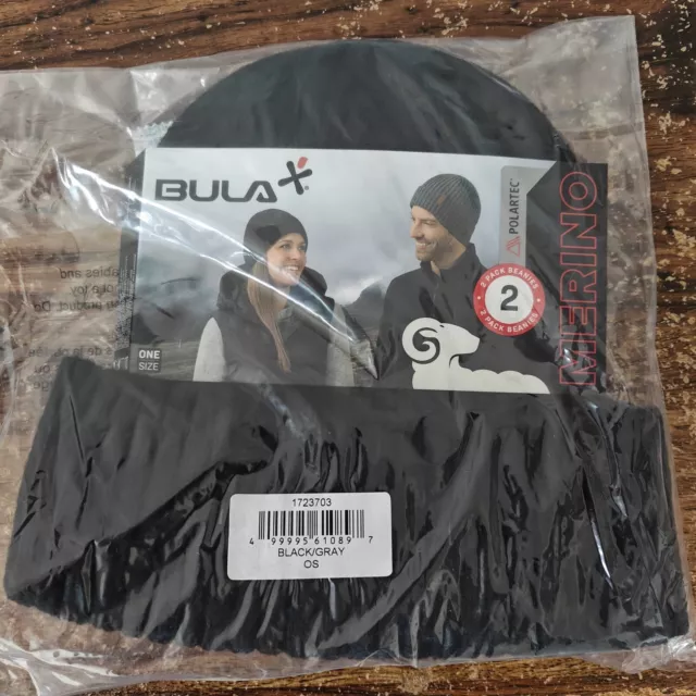 Bula Merino Wool Blend Beanie Hat Stocking Cap  (2 Pack) Unisex Gray + Black