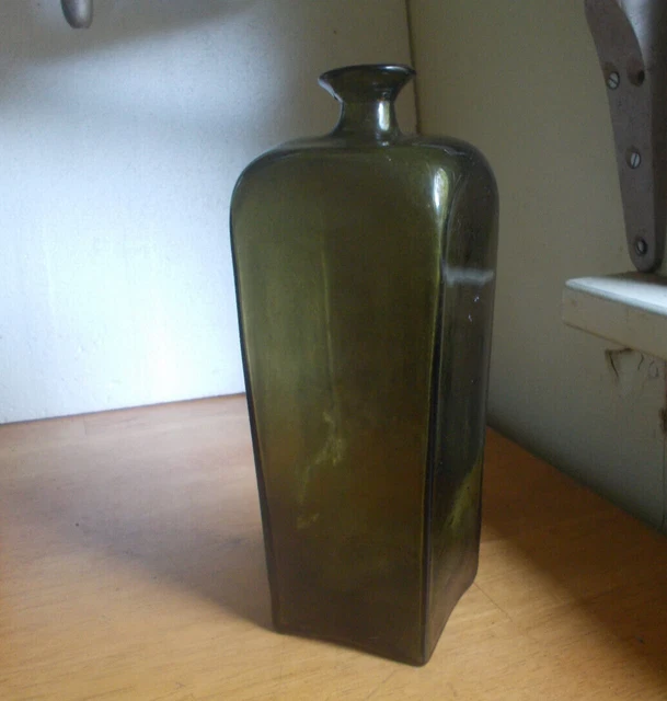 1760s OPEN PONTIL OLIVE GREEN CASE GIN BOTTLE DRIPPY APPLIED FUNNEL FLARED LIP