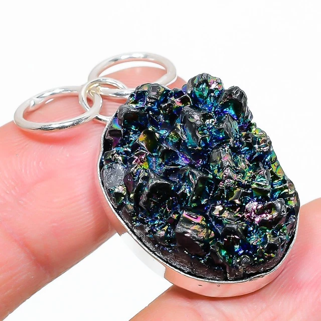 Titanium Druzy Gemstone 925 Sterling Silver Jewelry Pendant 1.58" Easter q235