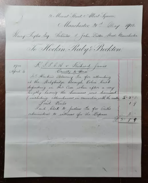 1900 Hockin, Raby & Beckton, Solicitors, Mount St, Albert Sq Manchester Letter