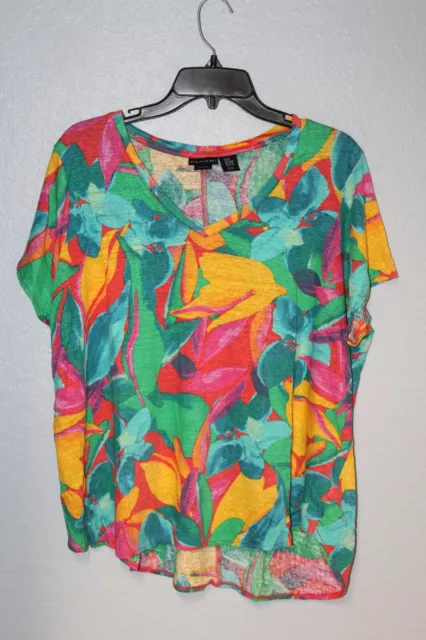 Camisa de mujer Tahari 3X multicolor tropical floral lino manga corta cuello en V