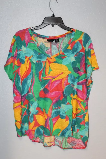 Tahari Womens Shirt 3X Multicolor Tropical Floral Linen Short Sleeve V Neck Tee