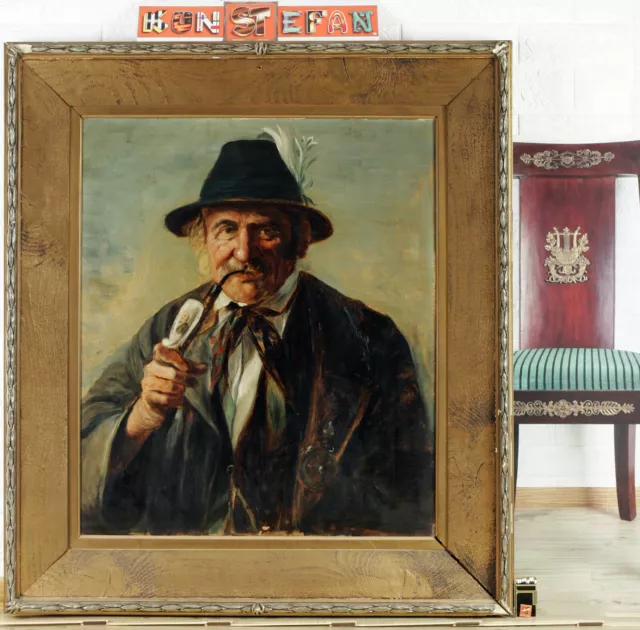 Antiguo Pintura Al Óleo Retrato Mann En Traje Pfeifenraucher Genre Caza Gremio