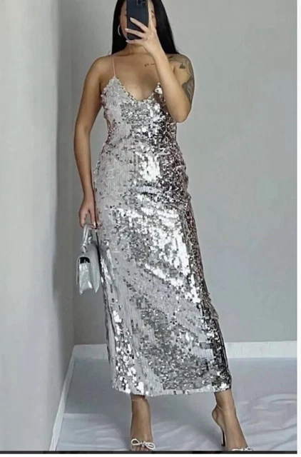 zara silver glitter dress SEQUIN PEARL KNIT MINI DRESS - Silver