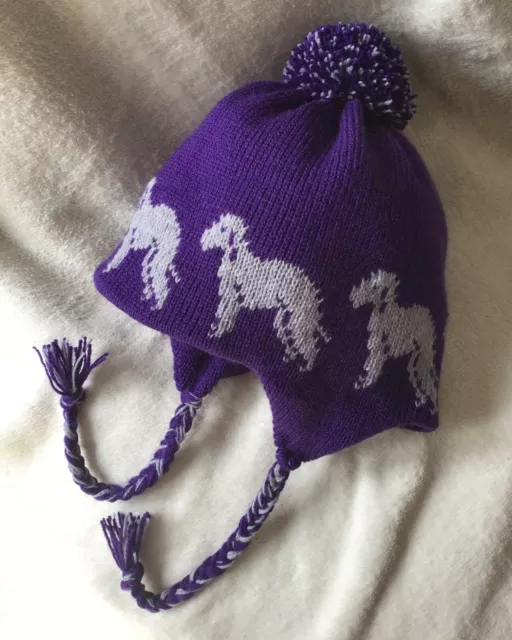 BEDLINGTON TERRIER dog design on knitted lined PURPLE ADULT TRAPPER EAR FLAP HAT