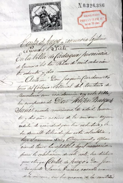 Documento antiguo original  , Escritura , carta de pago  ,Cadaqués 1882
