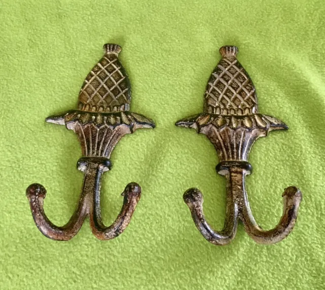 Vintage Pair of Brass Pineapple Hooks, Hangers, Coat, Hat, Towel