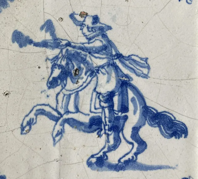 Antique 17th Century Delft Hand Painted Dutch Tile Man on Horse Circa 1600’s 2
