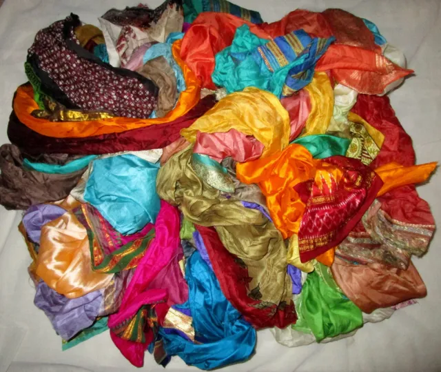 UK LOT PURE SILK Antique Vintage Sari REMNANT Fabrics 100 GRAMS CRAFT DOLL QUILT