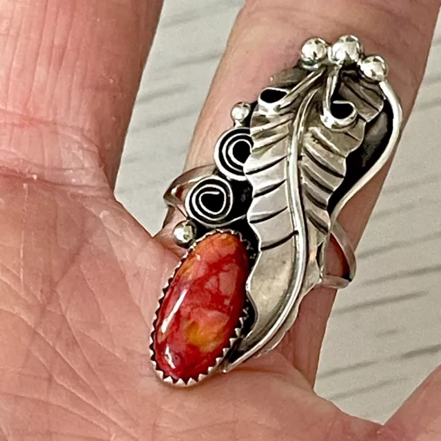 Long Navajo Red Spiny Oyster Ring Sz 7 Sterling Leaf Feather Signed RM
