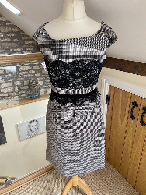 KAREN MILLEN HOUNDSTOOTH Fitted Wool Pencil Dress Lace Detail Size 10 Y2K  49.99 - PicClick UK