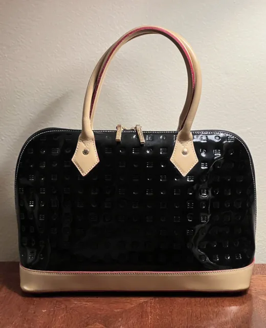 Arcadia Black Patent Leather Tan Trim Handbag Medium satchel made in Italy