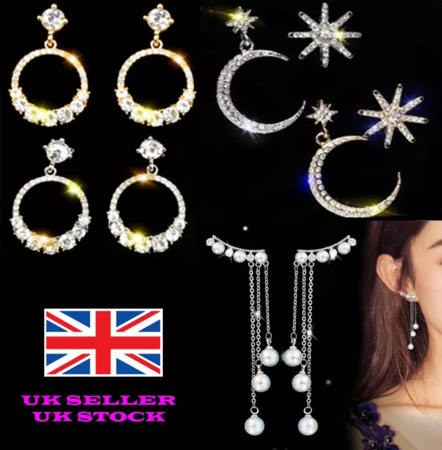 UK 925 Sterling Silver Earrings Moon Star Pearl Circle Ring Crystal Drop Dangle