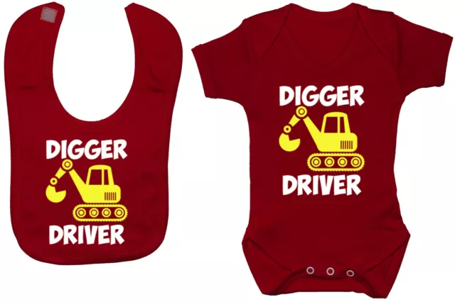 Digger Driver Baby Grow/Romper & Feeding Bib 0-24m Boy Girl Gift Builder