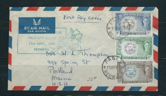BERMUDA 1949 POSTMASTER stamp set on commercial FDC to PORTLAND MAINE