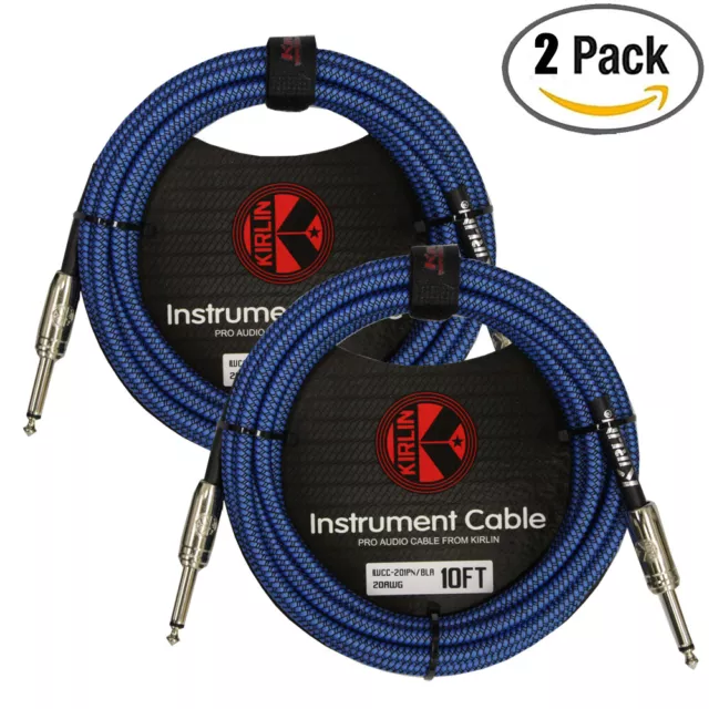 2-PACK Kirlin 10 ft 1/4" Blu/Blk Woven Guitar/Bass Cables PLUS Free Cable Ties