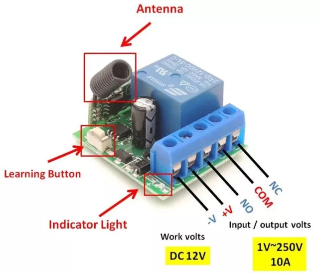 ✅ Mando a distancia Receptor Relé 433 MHz Interruptor de puerta 10A DC 12V... 3